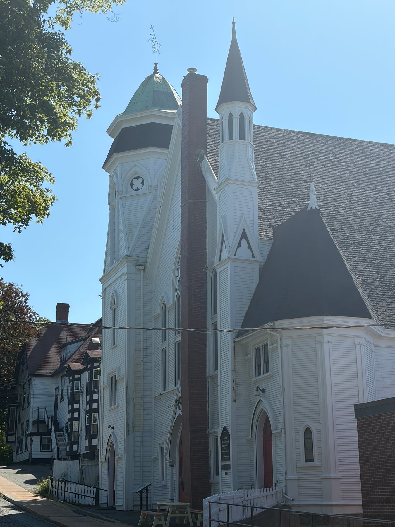 Église unie Central. Vue destinée aux visiteurs de ce site de Lunenburg.