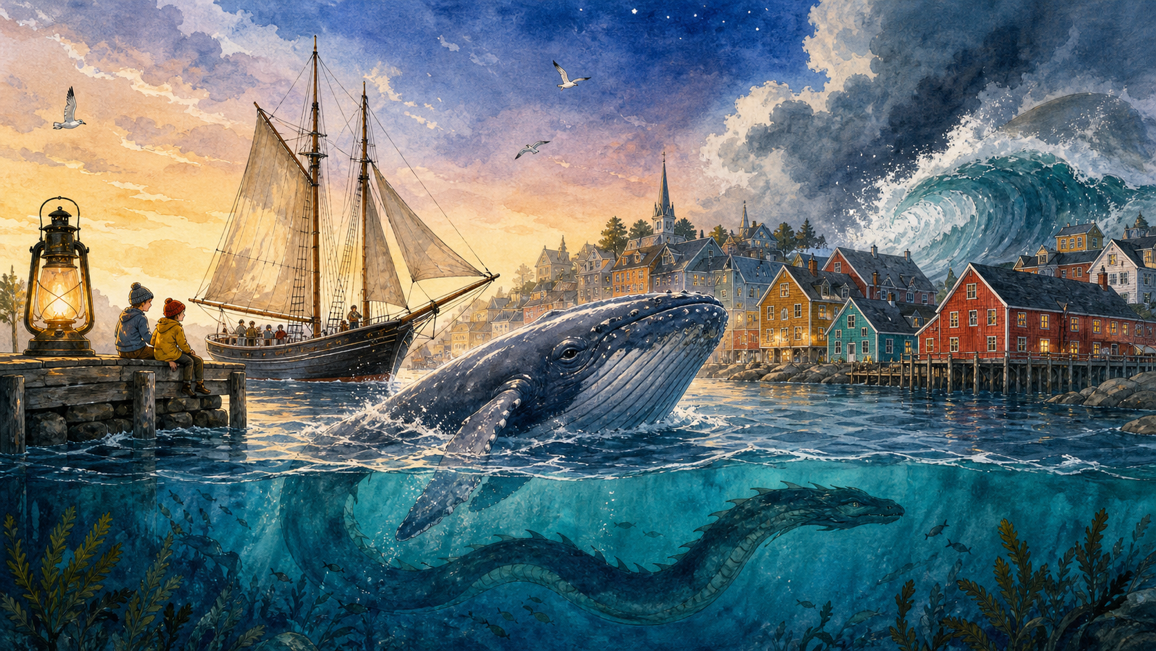 Fantasía en acuarela del puerto de Lunenburg con ballena, goleta, farol y serpiente marina imaginaria.